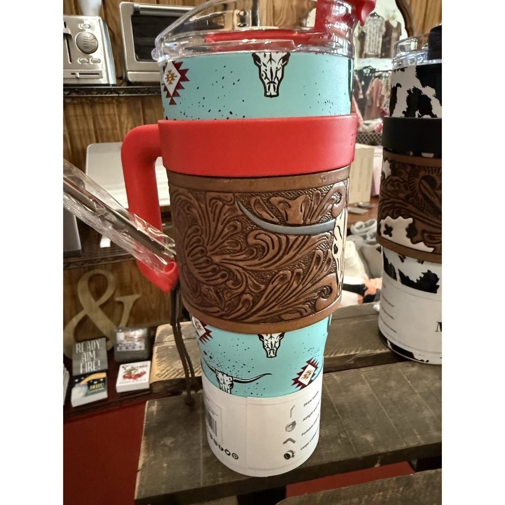 Western Turquoise Cactus Longhorn Travel Tumbler 40oz Stainless Insulated - Picture 4 of 9